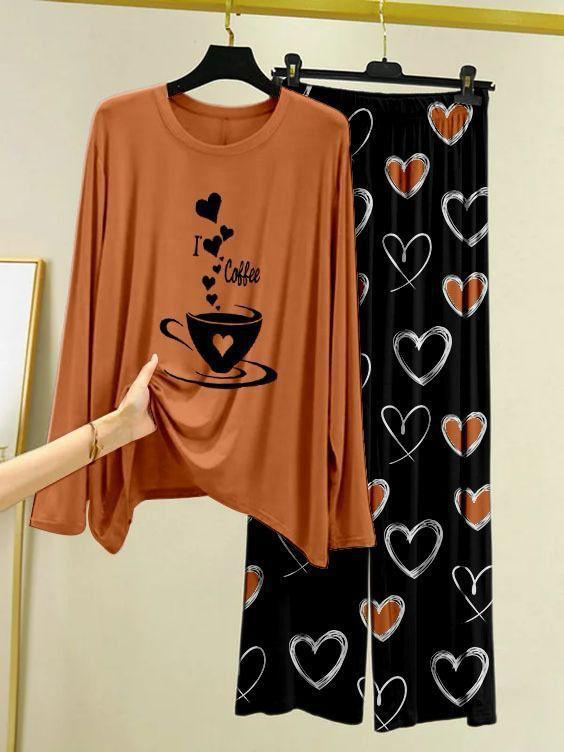 Brown Color Heart Printed Trouser Lounge wear Nightwear Sleepwear With Heart Prinred Trouser For Women