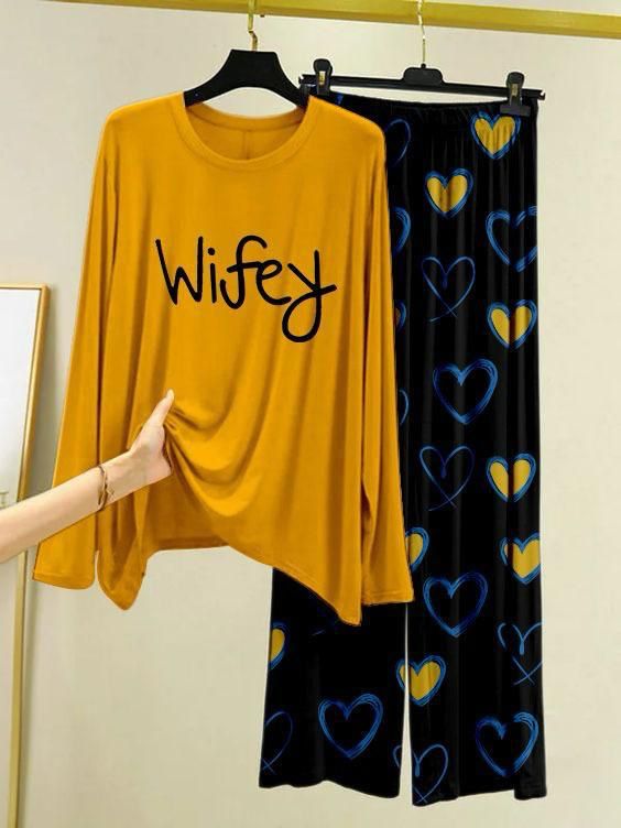 Yellow Color Heart Printed Trouser Lounge wear Nightwear Sleepwear With Heart Prinred Trouser For Women