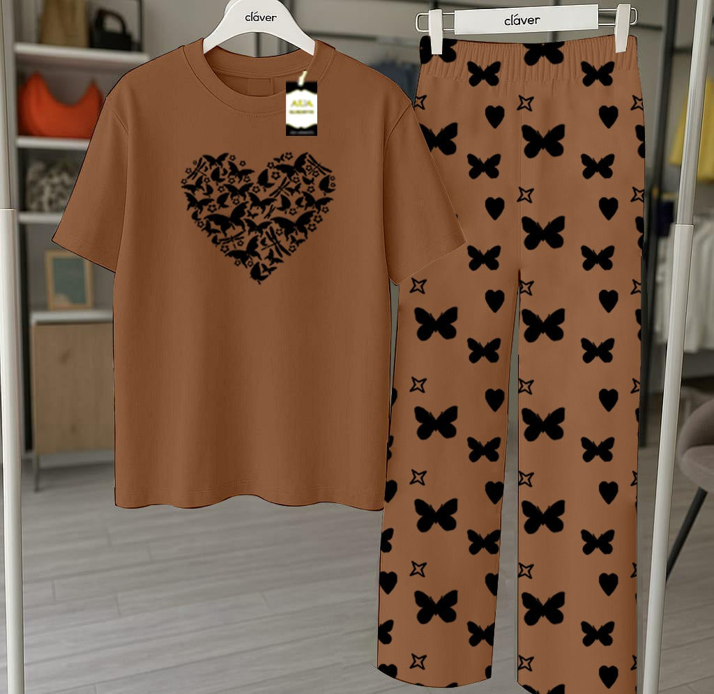 Brown Printed Nightwear Set With Star Butterfly Printed Trousers – Women's Lounge Wear