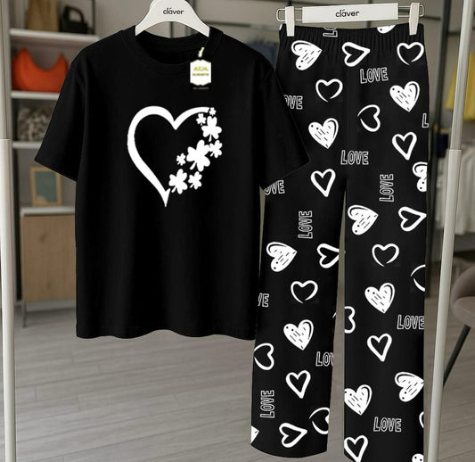 Black Printed Nightwear Set With Love Heart Printed Trousers – Women's Lounge Wear
