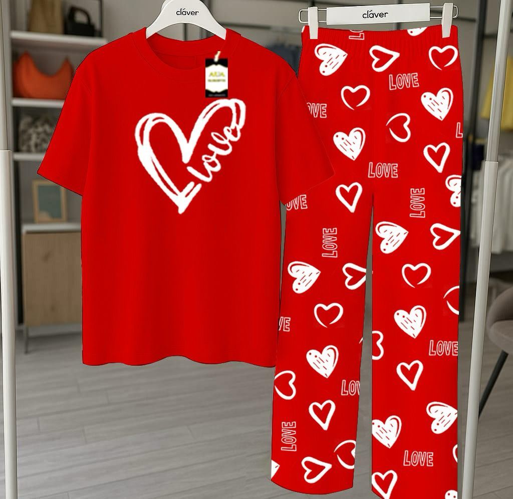 RED Printed Nightwear Set With Love Heart Printed Trousers – Women's Lounge Wear