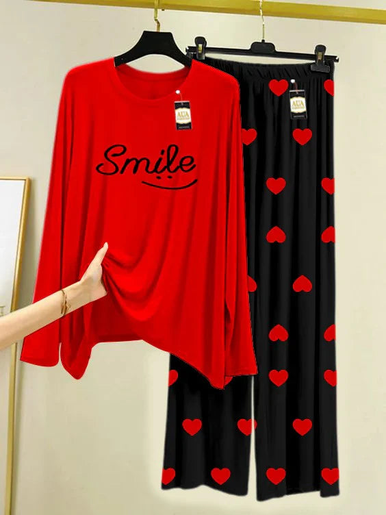RED Printed Nightwear Set with Black Mini Heart Printed Trousers – Women's Lounge Wear