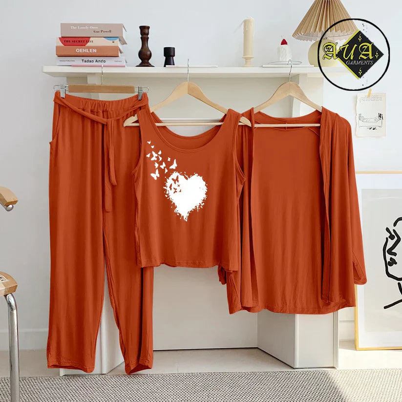 Brown 3 Piece Lounge wear Nightwear Sleepwear For Women