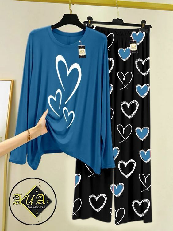 Aqua Blue Color Heart Printed Trouser Lounge wear Nightwear Sleepwear With Heart Prinred Trouser For Women