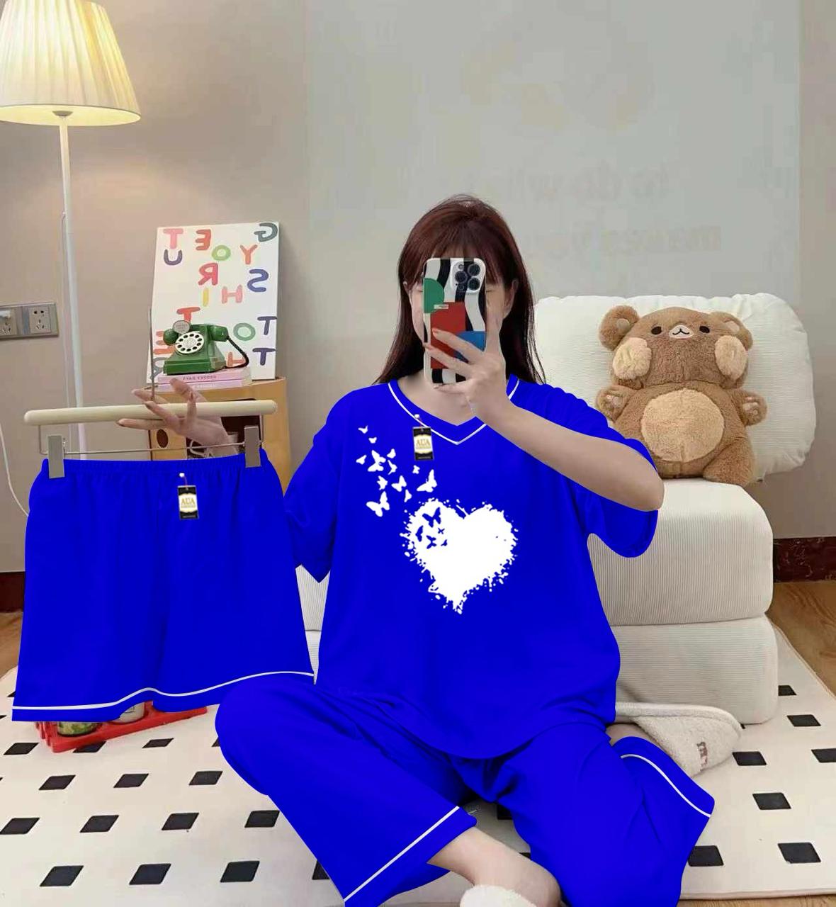 3-Piece Cami Nightwear Set for Women with Elegant White Borders Royal Blue