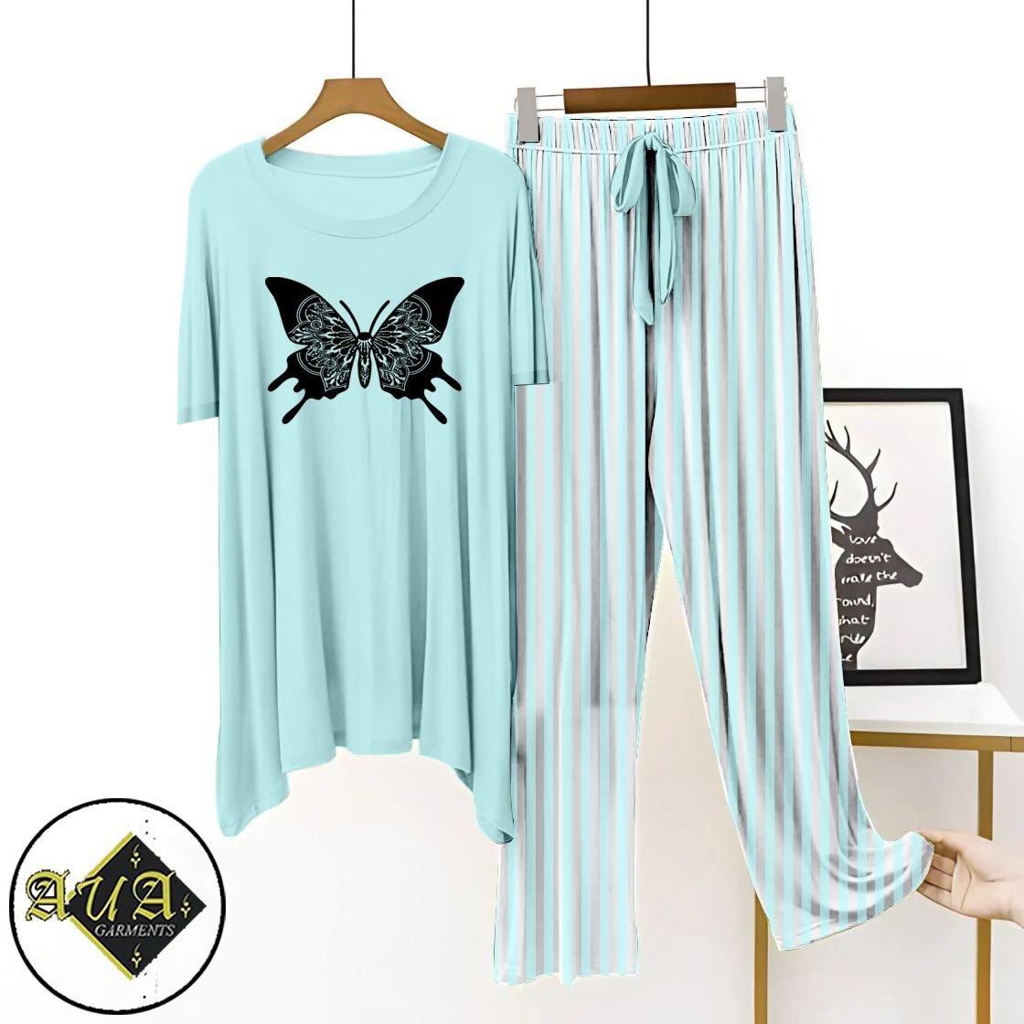 Aqua Blue Lining Trouser Printed Night Suit with Luxurious Lining Pajamas Stylish Sleepwear Set for a Cozy Night's Rest
