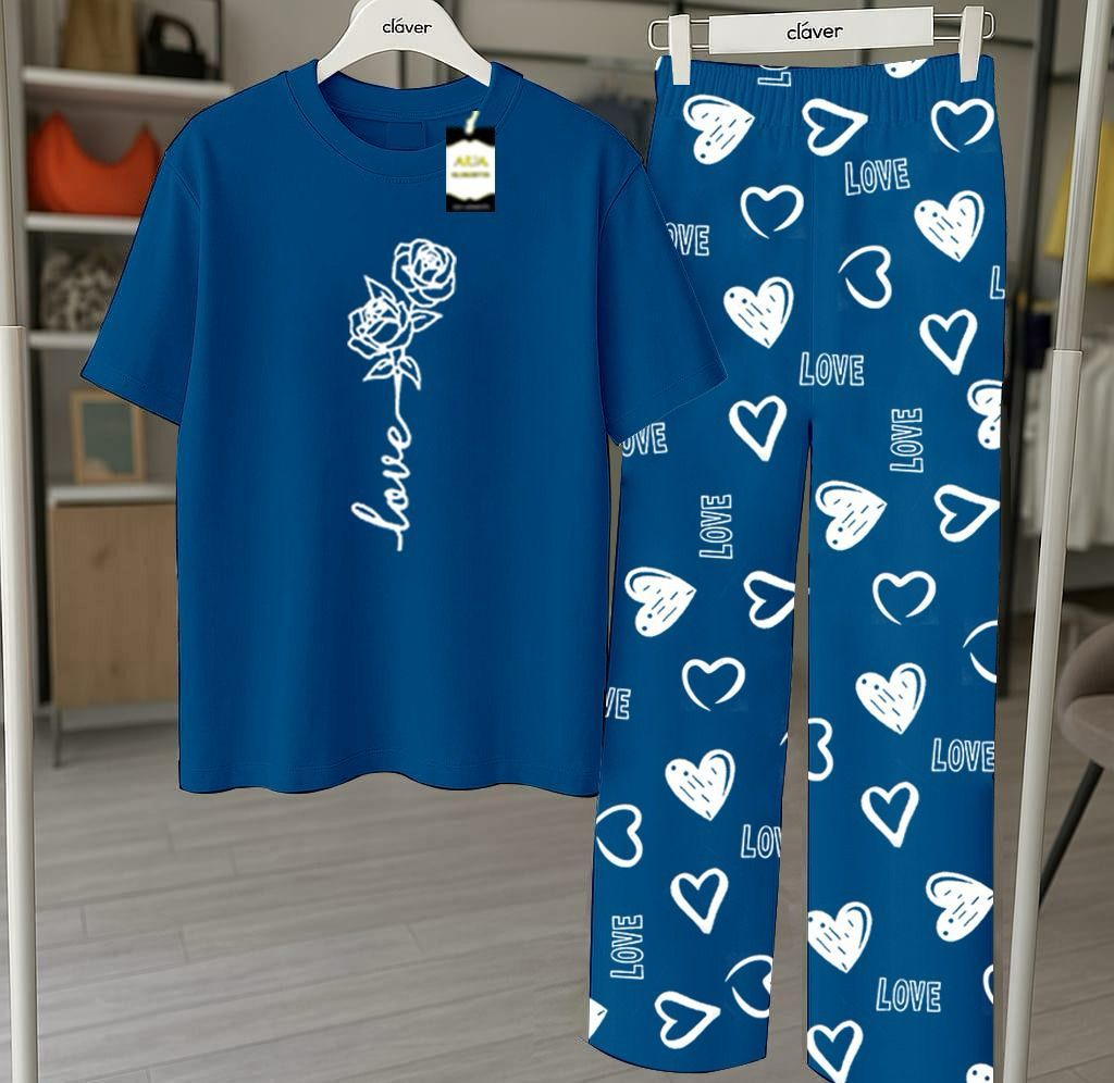 RED GOOD NIGHT Printed Nightwear Set With Love Heart Printed Trousers โ Women's Lounge Wear