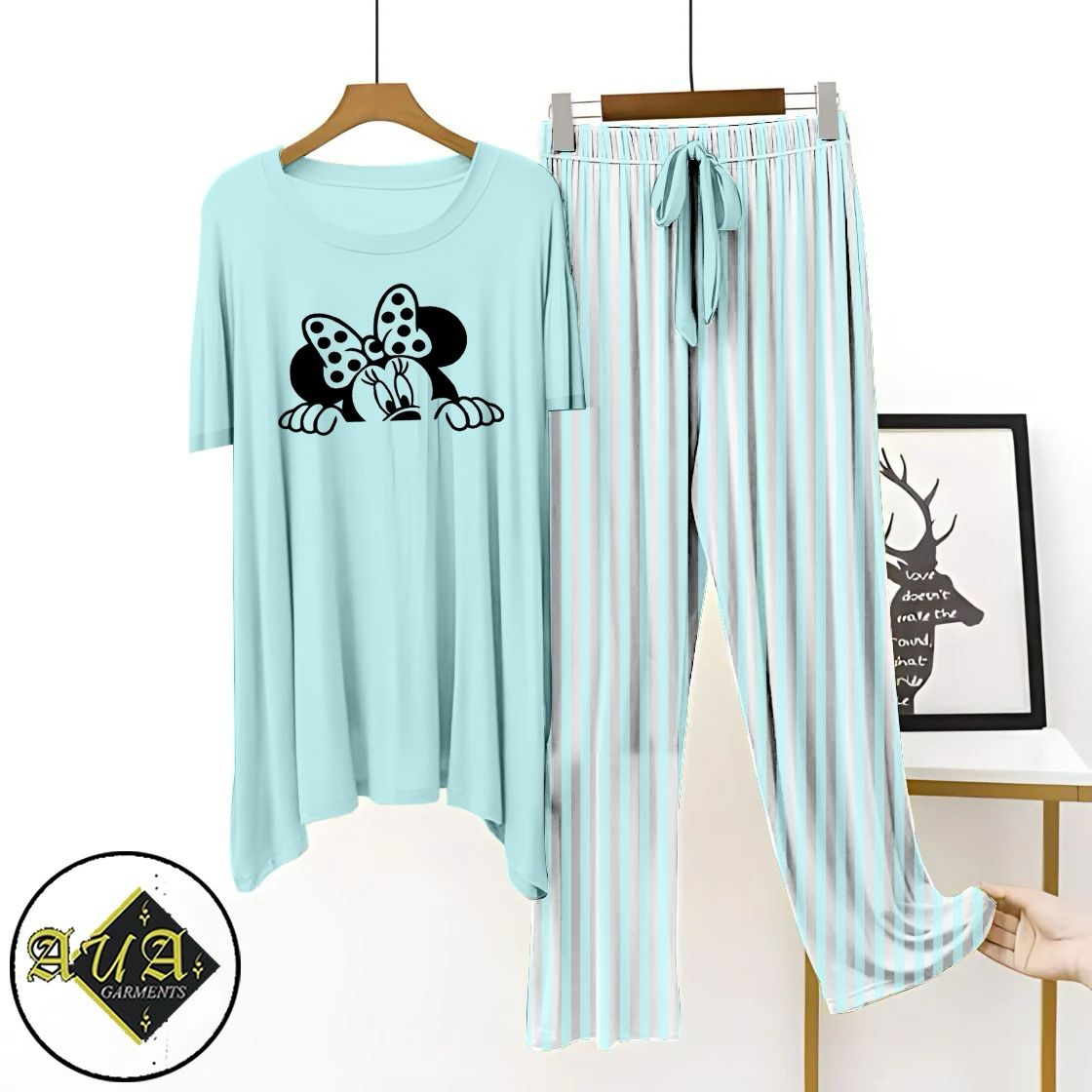 Aqua Blue Lining Trouser Printed Night Suit with Luxurious Lining Pajamas Stylish Sleepwear Set for a Cozy Night's Rest