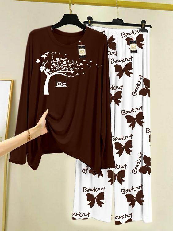 Brown  Printed Nightwear Set with Boo Printed Trousers – Women's Lounge Wear