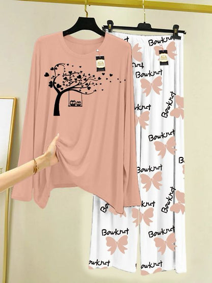 Peach Printed Nightwear Set with Boo Printed Trousers – Women's Lounge Wear