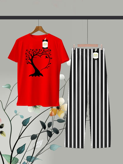 Red Printed Linig Trouser Lounge wear Nightwear Sleepwear For Women