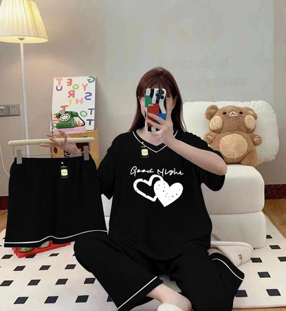 3-Piece Cami Nightwear Set for Women with Elegant White Borders BLACK