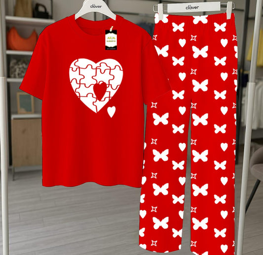 Red Printed Nightwear Set With Star Butterfly Printed Trousers – Women's Lounge Wear