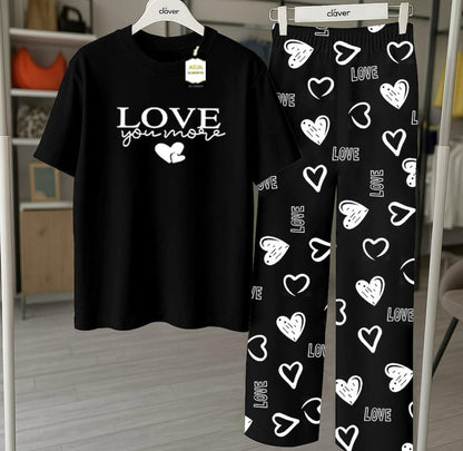 Black Printed Nightwear Set With Love Heart Printed Trousers – Women's Lounge Wear