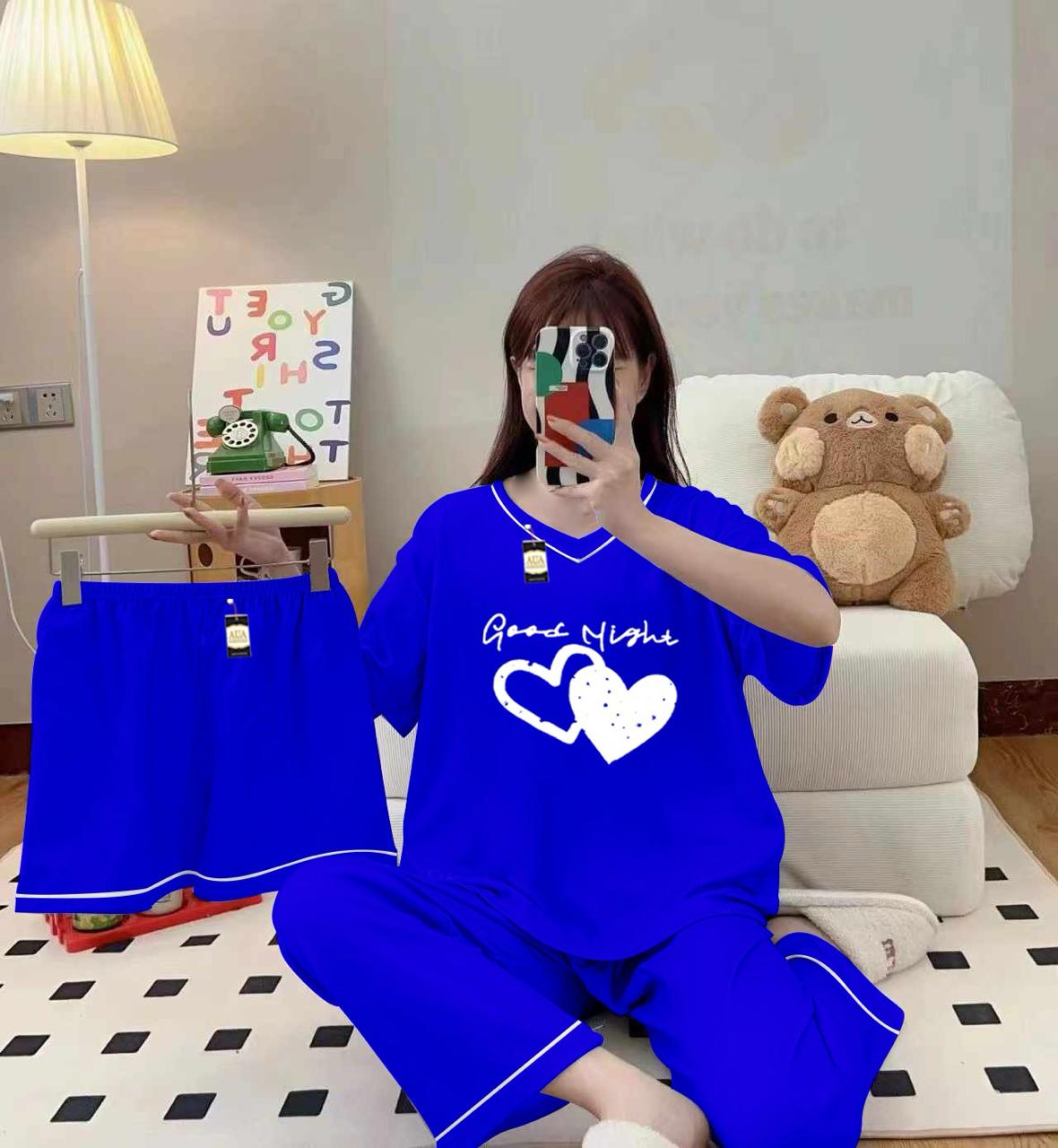 3-Piece Cami Nightwear Set for Women with Elegant White Borders Royal Blue
