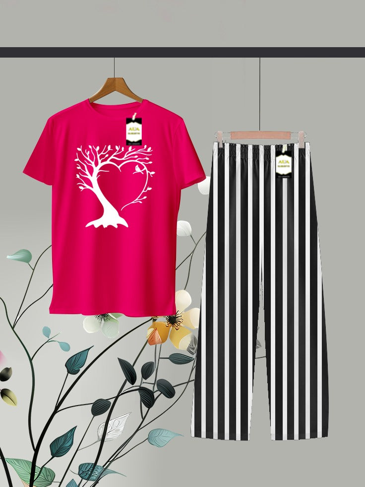 Pink Printed Linig Trouser Lounge wear Nightwear Sleepwear For Women