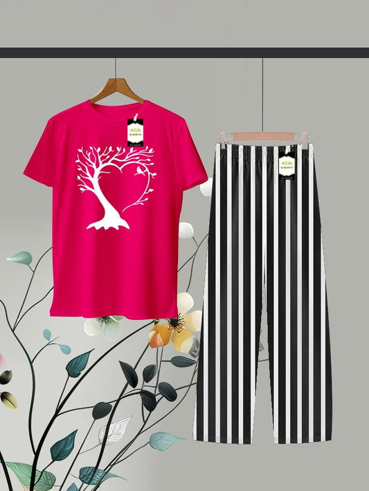 Pink Printed Linig Trouser Lounge wear Nightwear Sleepwear For Women