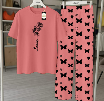 Peach Printed Nightwear Set With Star Butterfly Printed Trousers – Women's Lounge Wear