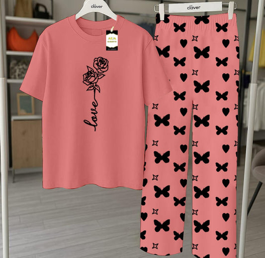 Peach Printed Nightwear Set With Star Butterfly Printed Trousers – Women's Lounge Wear