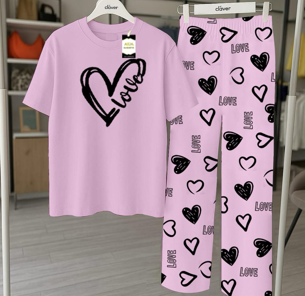 Purple Printed Nightwear Set With Love Heart Printed Trousers – Women's Lounge Wear