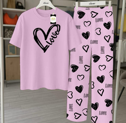 Purple Printed Nightwear Set With Love Heart Printed Trousers – Women's Lounge Wear