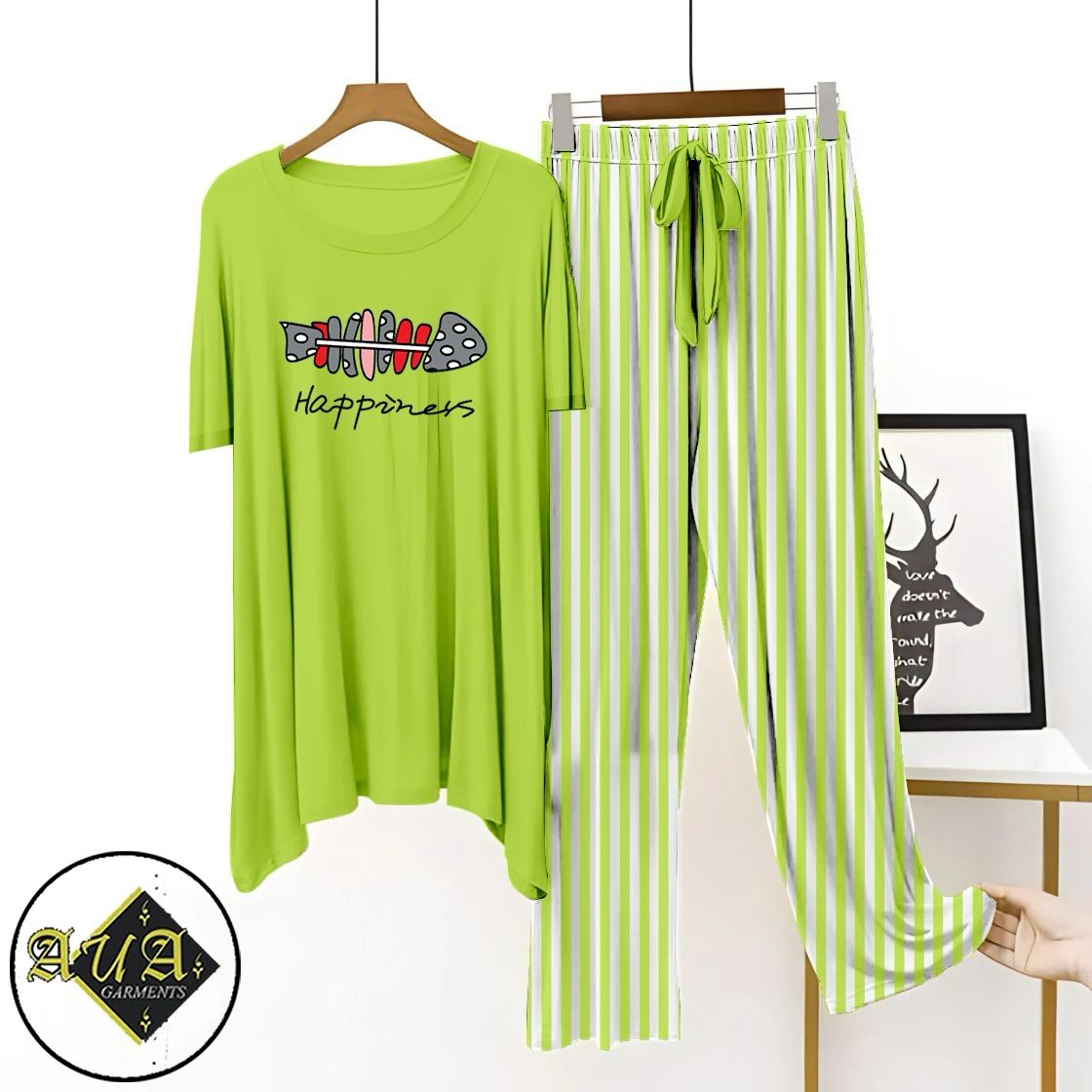 Green Lining Trouser Printed Night Suit with Luxurious Lining Pajamas Stylish Sleepwear Set for a Cozy Night's Rest