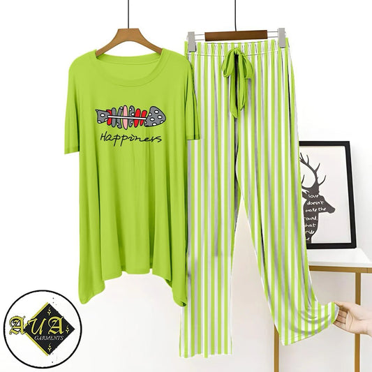 Green Lining Trouser Printed Night Suit with Luxurious Lining Pajamas Stylish Sleepwear Set for a Cozy Night's Rest