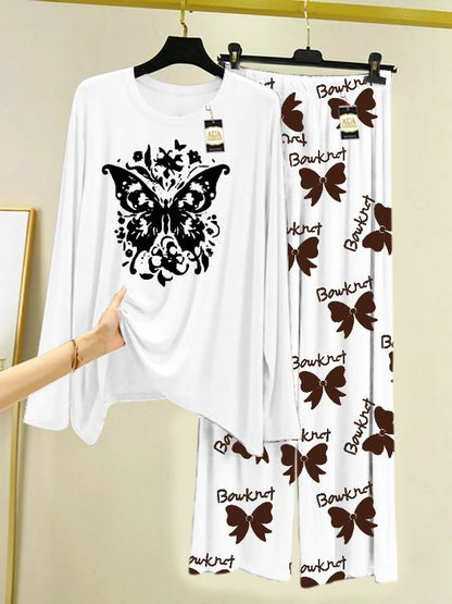 white Printed Nightwear Set with Boo Printed Trousers – Women's Lounge Wear