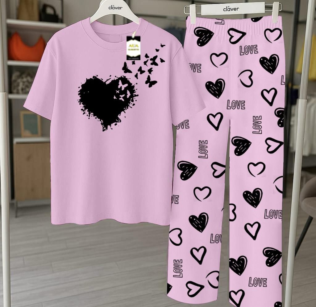Purple Printed Nightwear Set With Love Heart Printed Trousers – Women's Lounge Wear