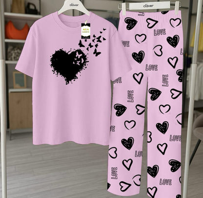 Purple Printed Nightwear Set With Love Heart Printed Trousers – Women's Lounge Wear