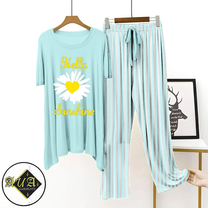 Aqua Blue Lining Trouser Printed Night Suit with Luxurious Lining Pajamas Stylish Sleepwear Set for a Cozy Night's Rest