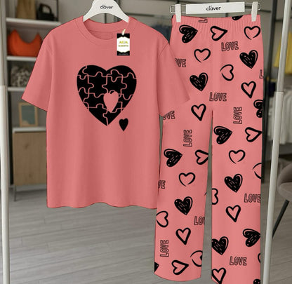Peach Printed Nightwear Set With Love Heart Printed Trousers – Women's Lounge Wear