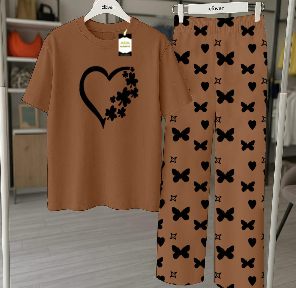 Brown Printed Nightwear Set With Star Butterfly Printed Trousers – Women's Lounge Wear