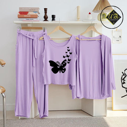 3 Piece Lounge wear Nightwear Sleepwear For Women Purple