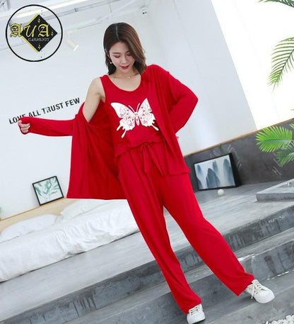 3 Piece Lounge wear Nightwear Sleepwear For Women RED