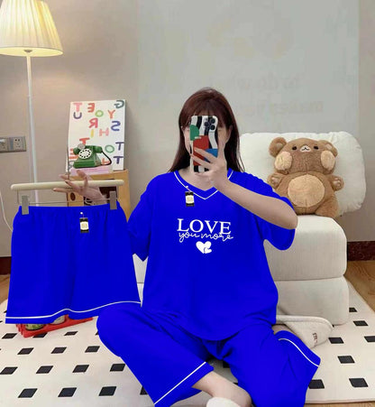3-Piece Cami Nightwear Set for Women with Elegant White Borders Royal Blue