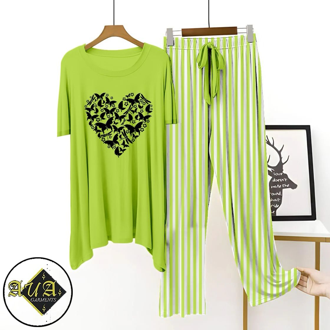 Green Lining Trouser Printed Night Suit with Luxurious Lining Pajamas Stylish Sleepwear Set for a Cozy Night's Rest