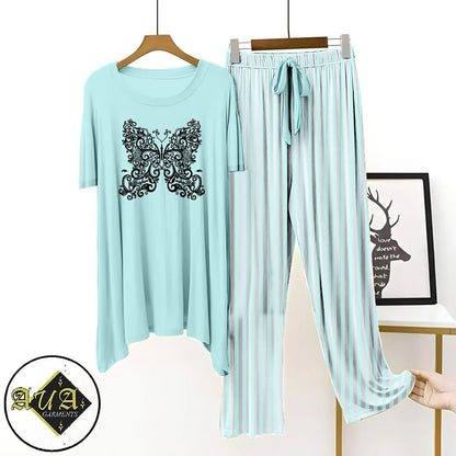 Aqua Blue Lining Trouser Printed Night Suit with Luxurious Lining Pajamas Stylish Sleepwear Set for a Cozy Night's Rest