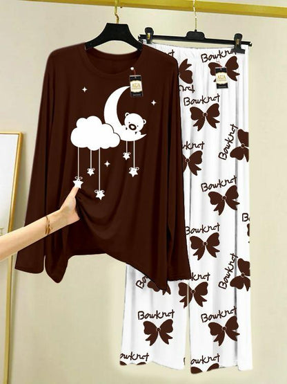 Brown  Printed Nightwear Set with Boo Printed Trousers – Women's Lounge Wear
