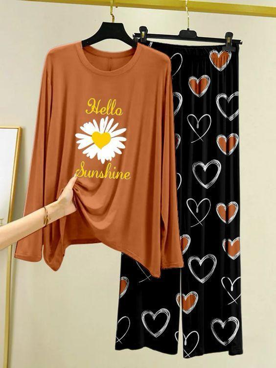 Brown Color Heart Printed Trouser Lounge wear Nightwear Sleepwear With Heart Prinred Trouser For Women
