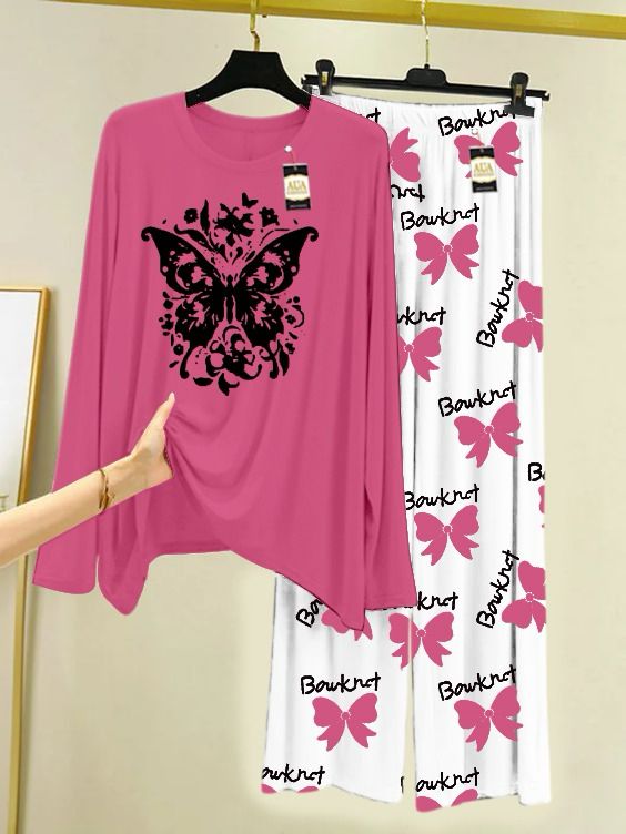 Baby Pink Printed Nightwear Set With Boo Printed Trousers – Women's Lounge Wear