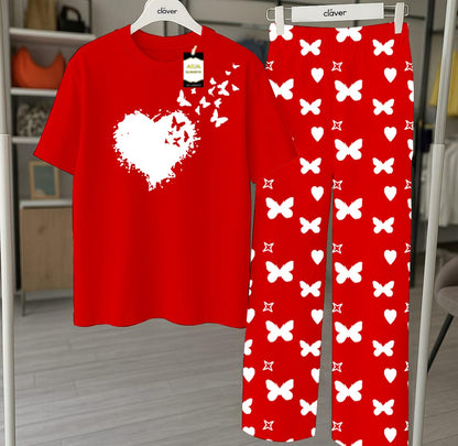 Red Printed Nightwear Set With Star Butterfly Printed Trousers – Women's Lounge Wear