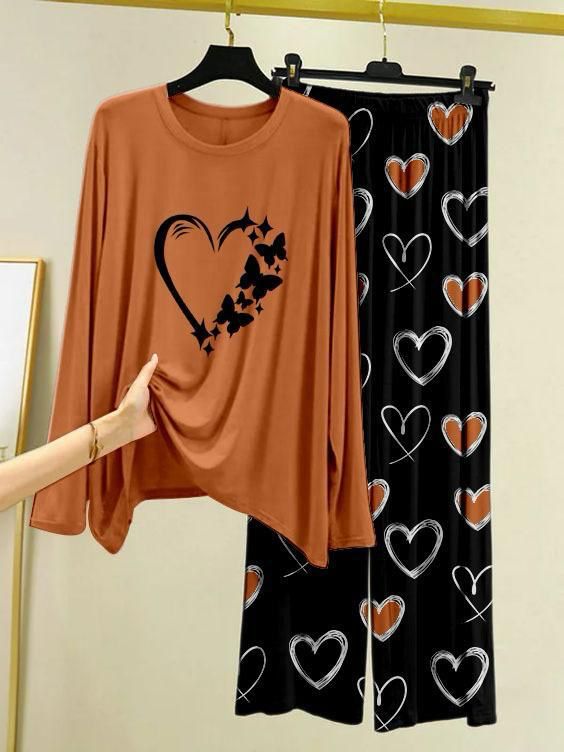 Brown Color Heart Printed Trouser Lounge wear Nightwear Sleepwear With Heart Prinred Trouser For Women