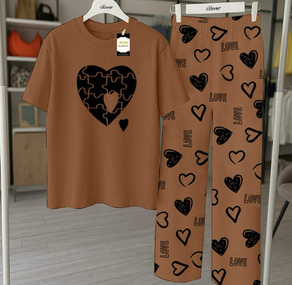 Light Brown Printed Nightwear Set With Love Heart Printed Trousers – Women's Lounge Wear