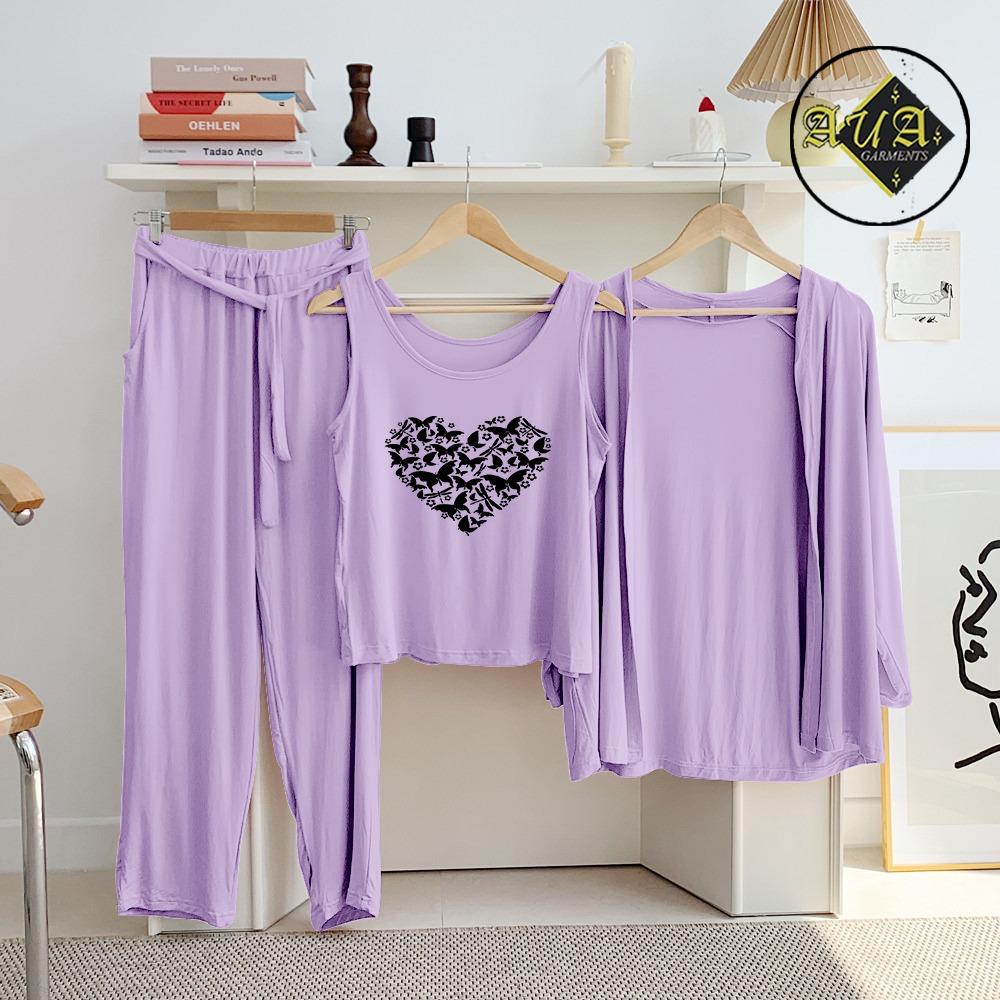3 Piece Lounge wear Nightwear Sleepwear For Women Purple
