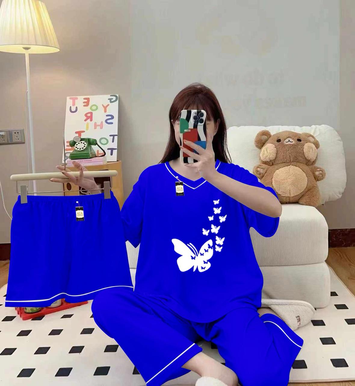 3-Piece Cami Nightwear Set for Women with Elegant White Borders Royal Blue