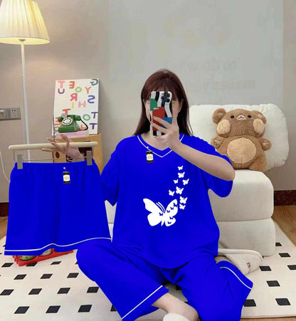 3-Piece Cami Nightwear Set for Women with Elegant White Borders Royal Blue