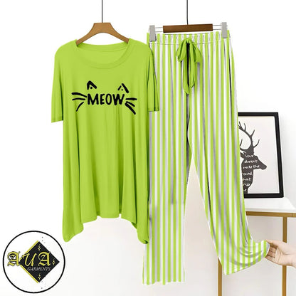 Green Lining Trouser Printed Night Suit with Luxurious Lining Pajamas Stylish Sleepwear Set for a Cozy Night's Rest
