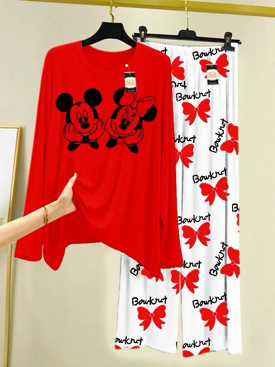 Red Printed Nightwear Set with Boo Printed Trousers – Women's Lounge Wear