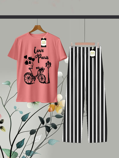 Peach Printed Linig Trouser Lounge wear Nightwear Sleepwear For Women